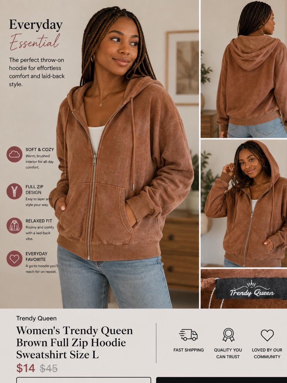 Women's Trendy Queen Brown Full Zip Hoodie Sweatshirt Size L